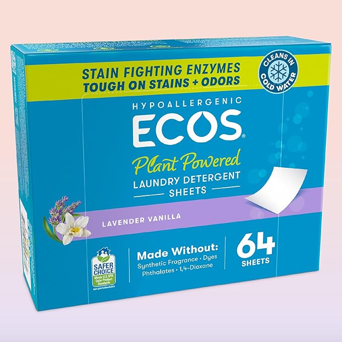 ECOS Laundry Detergent Sheets Vegan, No Plastic Jug, No Mess, Liquid Free - Hypoallergenic, Plant Powered Laundry Detergent Sheet - Lavender Vanilla - 64 Count (Pack of 4)