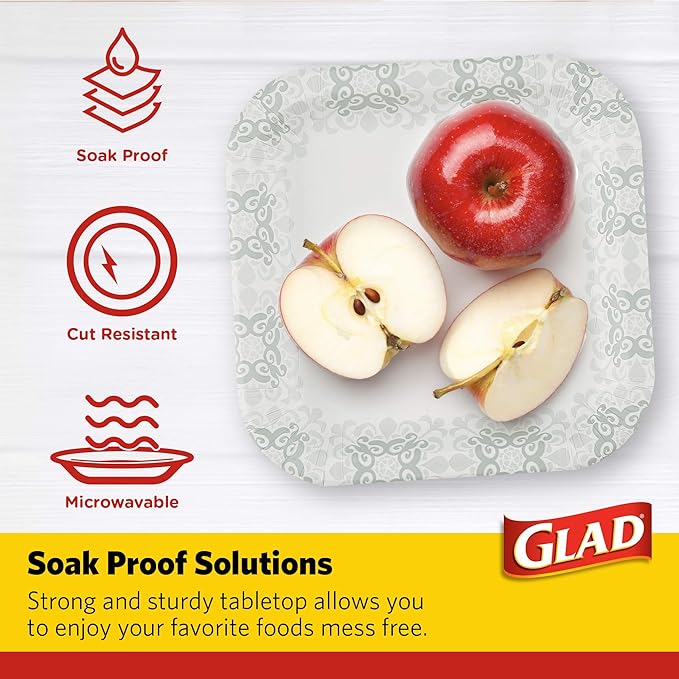 Glad Square Heavy Duty Paper Plates, Soak Proof and Cut Proof Disposable Plates for Parties and Everyday Meals, Microwaveable for Easy Serving, Grey Victorian Pattern, 7 Inch, 50 Count