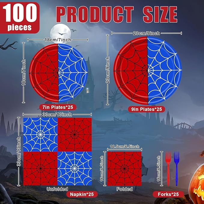 100 Pcs Spider Web Tableware Party Supplies – Disposable Red and Blue Web Paper Plates, Napkins, and Forks for Birthdays, Kids Parties, and Comic Theme Celebrations – Serves 25