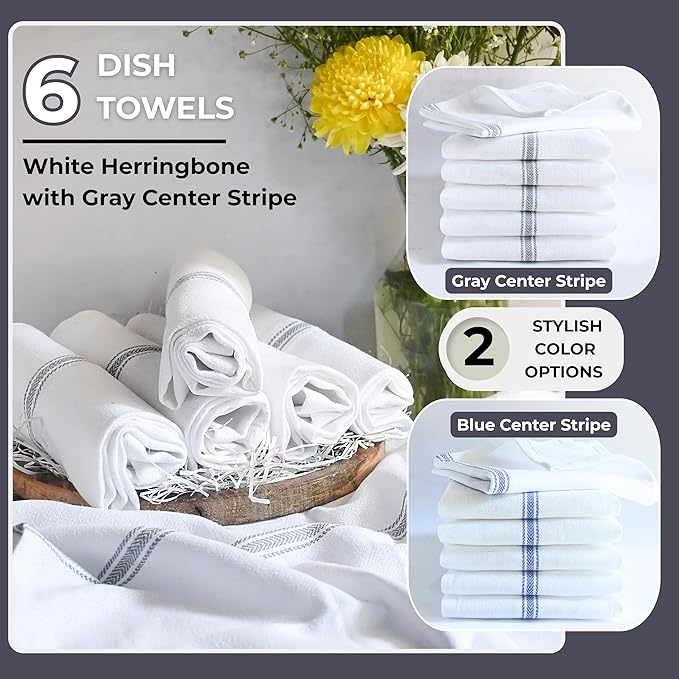 Bulk Kitchen Towels Cotton for Chefs in Commercial Restaurants - 15"X25" - 6 Pack - White Linen Tea Dish Towels - Lint Free Soft Absorbent Center Gray Striped Herringbone Weave Towles