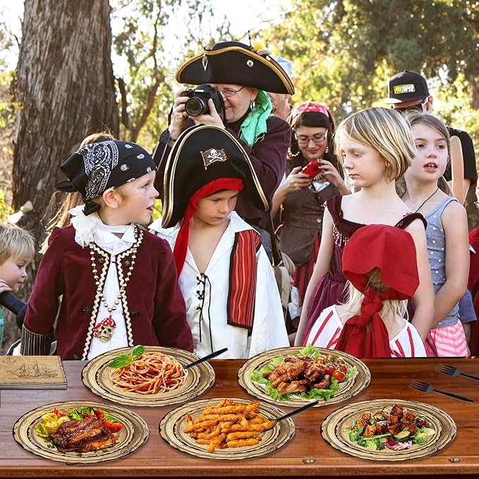 100 Pcs Pirate Party Supplies for 25 Guests, Heavy-Duty 7" & 9" Paper Plates, 2-Ply 13" Napkins & Plastic Forks, Disposable Tableware Set for Treasure Map Theme Party