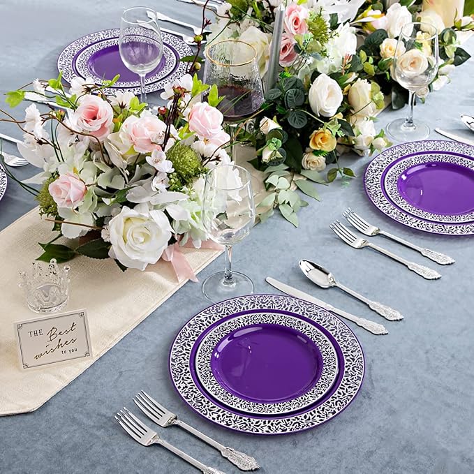 U-QE 150PCS Purple Silver Plastic Plates with Silver Silverware, Silver Party Supplies for 30 Guests Include 30 10.25" and 30 7.5" Plates, 30 Forks, 30 Knives, 30 Spoons