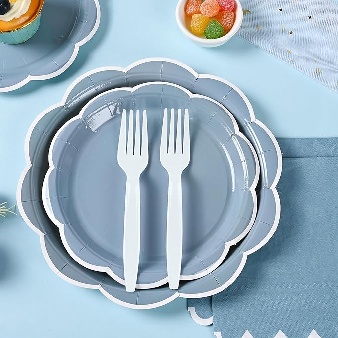 96 Pcs Dusty Blue and White Paper Plates and Napkins Set, Tableware set for 24 Guest include Baby Blue Dinner Plates with White Scalloped Edge, Napkins and Forks for Baby Boy Shower, Wedding, Birthday