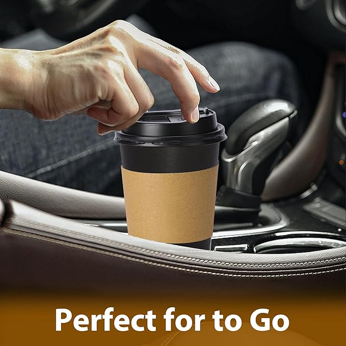 Clawsoff 100 Pack 12 oz Disposable Paper Coffee Cups with Lids and Sleeves, Leak-free Disposable Insulated Paper Cups for To Go Hot or Cold Beverages(Black)
