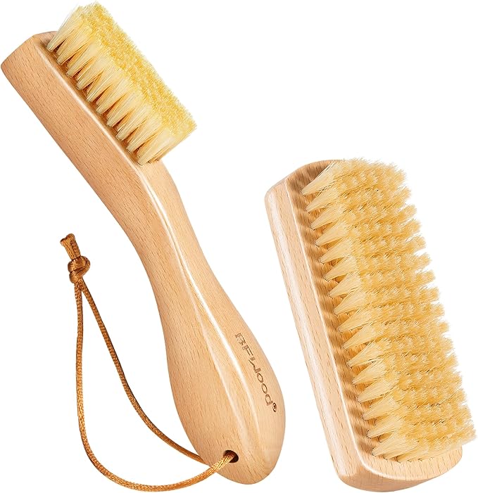 BFWood Laundry Stain Brush - Natural Soft Boar Bristle for Scrubbing Out Tough Stains on Delicate Fabrics, Knits, Cotton, Linens, No Damage (Set-2PCS)