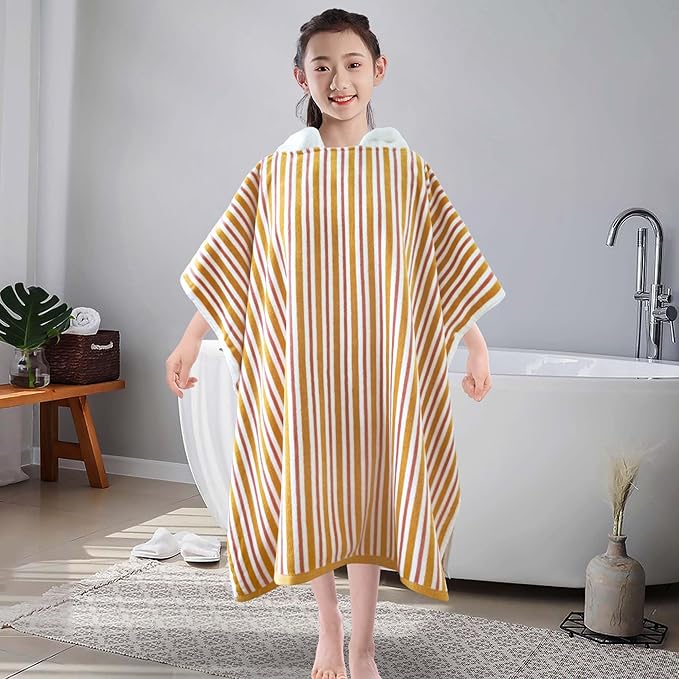 VOOVA & MOVAS Hooded Poncho Towel for Teens Unisex 100% Cotton Vibrant Lightweight Beach Surfing Bath Cover Up Orange Red Stripe