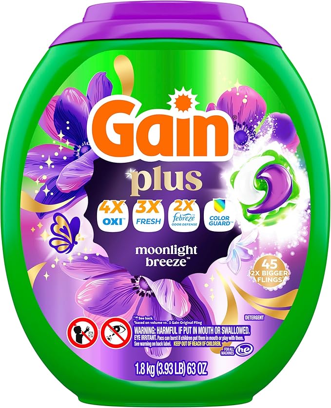 Gain Plus Flings Liquid Laundry Detergent Pods, Gain's Best Clean, All-In-One Pacs, Moonlight Breeze Scent, 45 Count