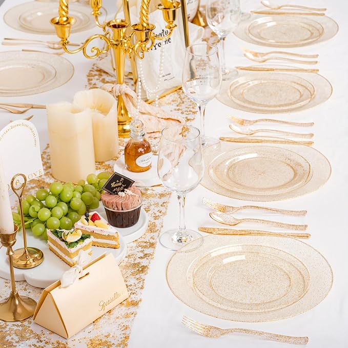 200 Pcs Gold Glitter Plastic Plates - Disposable Party Plates, Gold Glitter Disposable Plate Include 100 Dinner Plate and 100 Dessert Plate, Plastic Plate for Party, Holiday, Wedding & Birthday