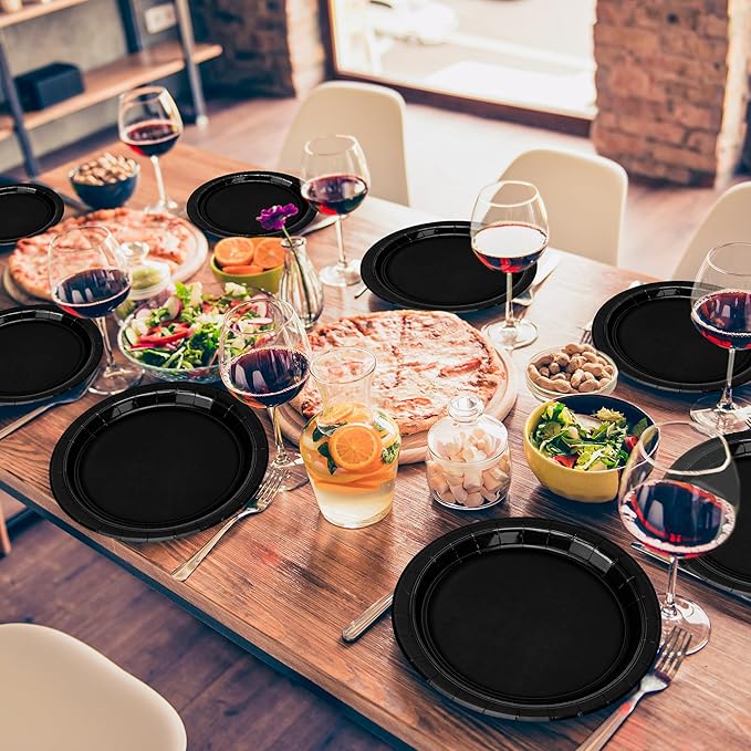 50 Pieces of Paper Plates, Round Black Party Plates Pack, Disposable 9 Inches Paper Dinner Plates, Everyday Use Plates for Daily Meals Picnic Camping Birthday Christmas Thanksgiving Supplies