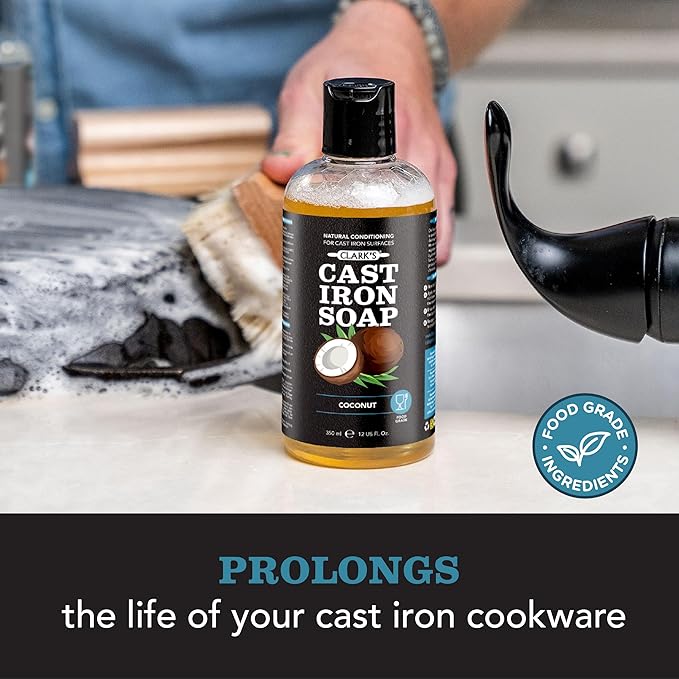 CLARK'S Cast Iron Cleaner 12 oz, Made in USA, Plant Based Coconut Cast Iron Soap for Skillets, Griddles Etc. - Protects, and Restores Cookware