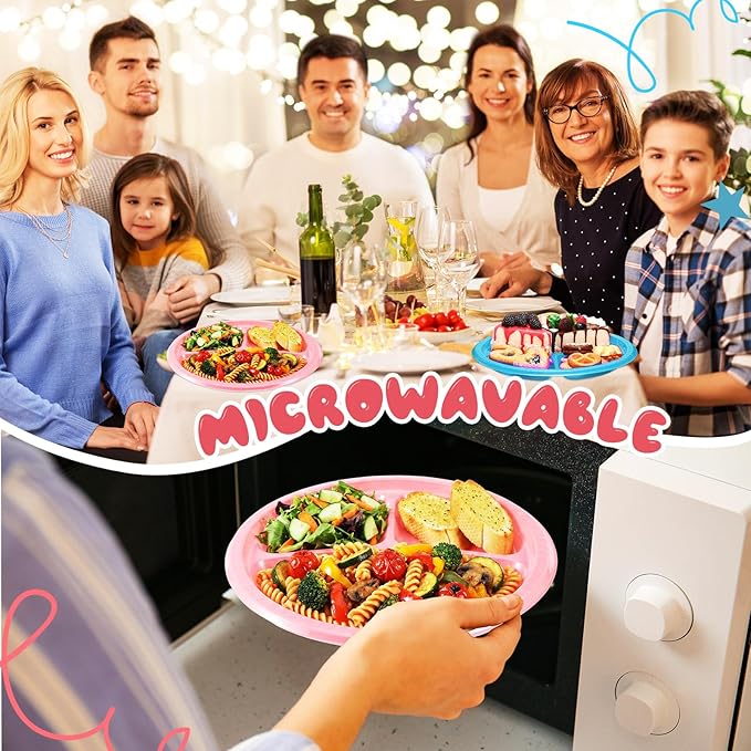 Teenyyou 50 Pcs 10 Inch Plastic 3 Compartment Divided Plates Heavy Disposable Round Dinner Plates with Dividers for Wedding Birthday Party Dinnerware (Pink, Blue)