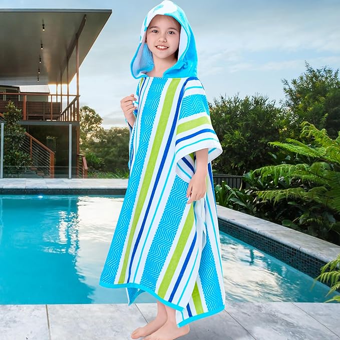 VOOVA & MOVAS Teens Hooded Poncho Towel for Boys 8-16 | Super Absorbent 100% Cotton Robe | Pool, Beach & Bath Towel | Blue Green& White Stripe Design