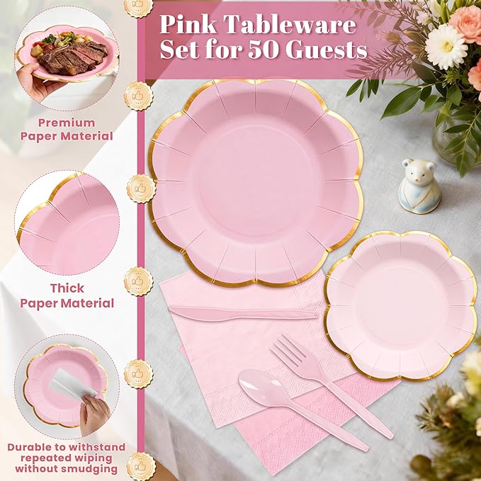 Pink Paper Plates and Napkins Party Supplies for 50 Guest, 350Pcs Pink Scalloped Mother's Day Party Plate with Gold Rim, Pink Disposable Plates Set for Girls Birthday Party Baby Shower Gender Reveal