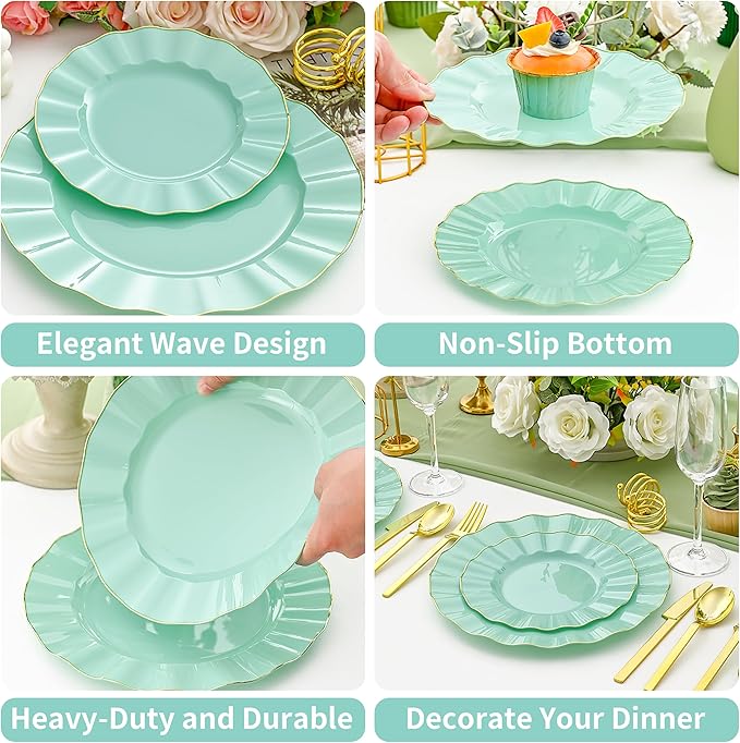 60Pcs Sage Green Plastic Plates, Ware Sage Green Disposable Plates with Gold Rim, Fancy Plastic Plate Include 30 Dinner & Dessert Plate for Easter Spring Wedding