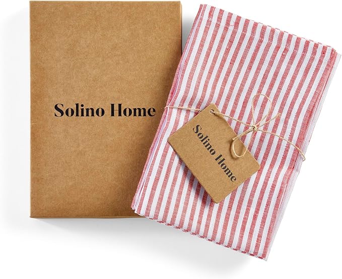 Solino Home Red and White Linen Kitchen Towels Set of 2-100% Pure Linen 17 x 26 Inch Narrow Stripe Tea Towels with Hanging Loop - European Flax Kitchen Dish Cloth - Quick Dry & Machine Washable