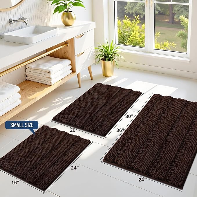 Grandaily Chenille Striped Bathroom Rugs 47x17, Extra Thick and Soft Absorbent Bath Mats, Rubber Backing, Plush Shaggy Shower Carpet, Machine Wash Dry, Bath Rug for Bathroom, Dark Brown