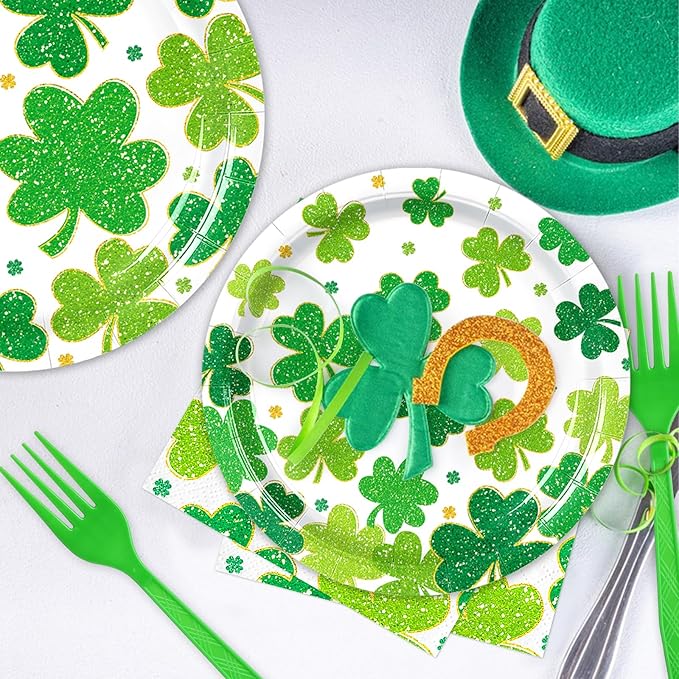 100 Pieces St. Patrick’s Day Party Tableware Set – Shamrock Clover Plates, Napkins and Forks, Green Disposable Dinnerware for Irish Party and Lucky Clover Party Supplies