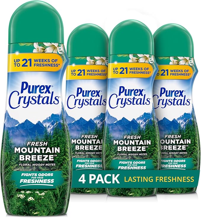 Purex Crystals In-Wash Scent Booster, Fresh Mountain Breeze, 21 oz (Pack of 4), Long-Lasting Freshness & Odor Elimination Technology