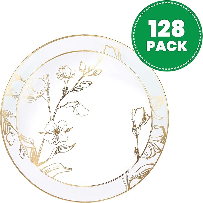 PLASTICPRO 128 Piece Combo Plates Set includes 64 7'' inch Plates & 64 10'' inch Plates White Plastic Floral Design Party Plates With Gold Rim, Premium Elegant, Tableware, Dishes,