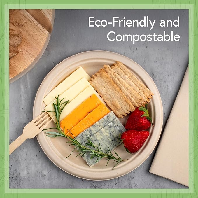 Jenvita Bamboo Paper Plates Compostable (125-Pack, 9-inch) | Sturdy & Microwave Safe | Heavy Duty Brown Disposable Plates | PFAS Free, Biodegradable | FSC Certified Alternative to Plastic