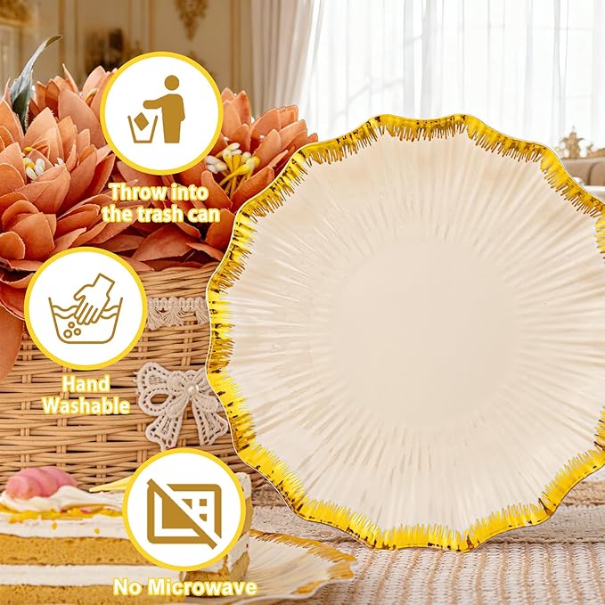 DaYammi 60Pcs Ivory Plastic Plates with Gold rim,Ivory Gold Disposable Plates - Heavy duty Plastic Plates Include 30 Dessert Plate,30 Dinner Plate,Ivory Scalloped gold plates for Party Wedding