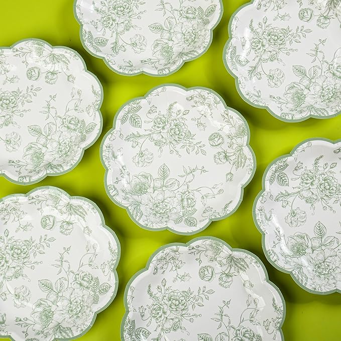 48 Pcs Sage Green Floral Party Plates Vintage Floral Leaf Disposable Paper Plates White Green Toile 7" Small Scalloped Dessert Plates for Spring Summer Garden Birthday Bridal Tea Party Supplies
