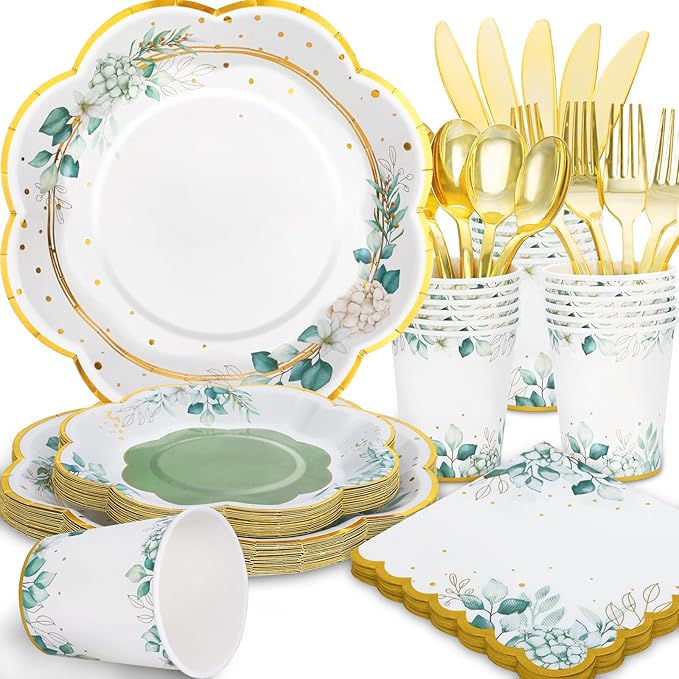 Sage Green Party Decorations, Sage Green Paper Plates and Napkins Party Supplies, Bridal Shower Plates for Birthday Baby Shower Bridal Shower Wedding Shower Baptism Garden, Serves 24