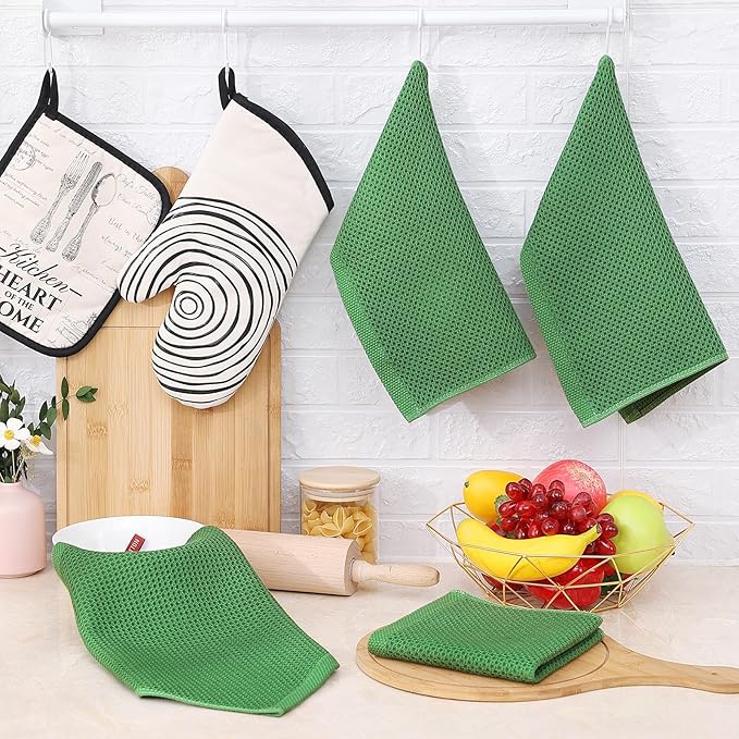 Homaxy 100% Cotton Waffle Weave Kitchen Dish Cloths, Ultra Soft Absorbent Quick Drying Dish Towels, 12 x 12 Inches, 6-Pack, Grass Green