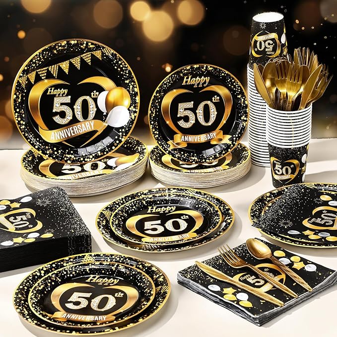 Pickmesh 400 Pcs 50th Wedding Anniversary Party Supplies - Black and Gold Disposable Paper Plates, Napkins and Cups - Tableware Decorations for Men and Women