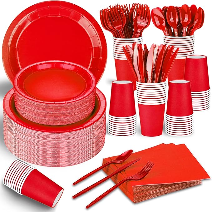 228PCS Red Party Supplies Set Include Paper Plates Cups Red Napkins Plastic Spoons Forks Knives for 30 Guests Disposable Party Dinnerware for Birthday Wedding Family Picnic
