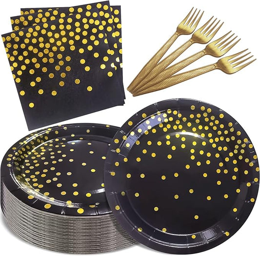 Serves 35 Guests Black and Gold Plates and Napkins Party Supplies,7" Black Paper Plates and Napkins,Disposable Party Dinnerware for Birthday Wedding,Graduation