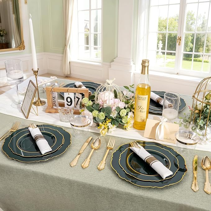 Liacere 350PCS Green Plastic Plates - Dark Green Disposable Plates With Gold Rim - 50Guest Baroque Plastic Dinnerware include 100Plates-50Pcs Pre Rolled Napkins with Silverware 50Cups for Party
