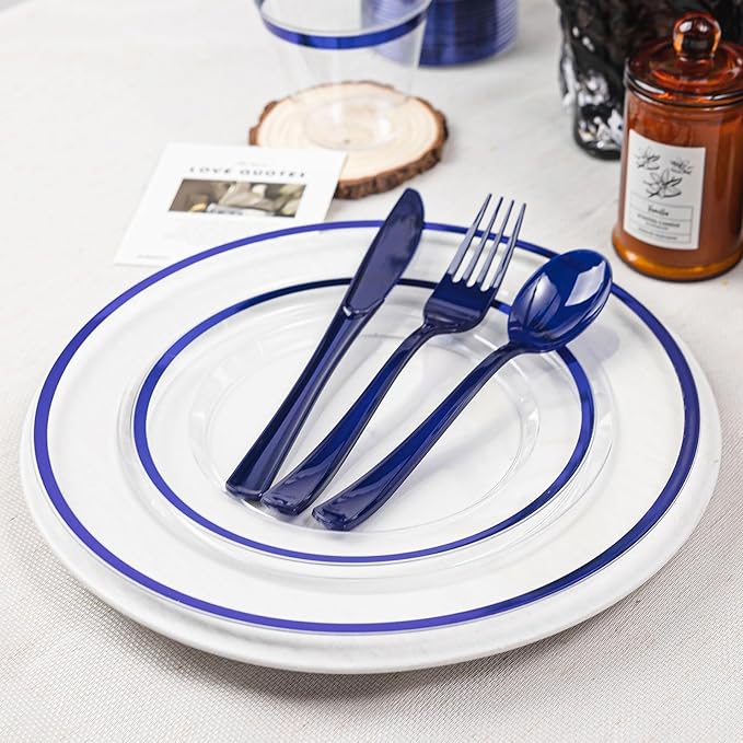 N9R 600PCS Disposable Plastic Plates, Blue Plastic Dinnerware Set Includes 100 Dinner Plates, Dessert Plate, Cups, Spoons, Forks, Knives for 100 Guests, Perfect for Party, Wedding, Birthday