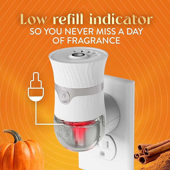Air Wick Plug in Scented Oil Refill, Infused with Essential Oils, Plug in Air Fresheners for Home, Fall Scent, Fall Décor, Harvest Pumpkin & Spice, 5 ct