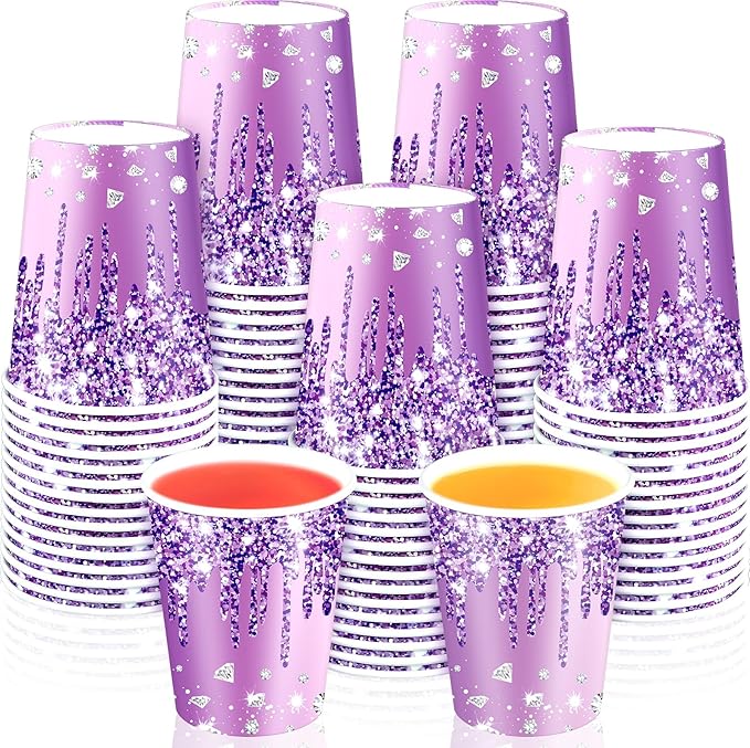 50pcs Purple Silver Birthday Party Paper Cups 9o Diamonds Purple Party Cups Supplies Purple Silver Theme Party Disposable Cups For Women Girls Birthday Wedding Baby Shower Party Favors Decorations
