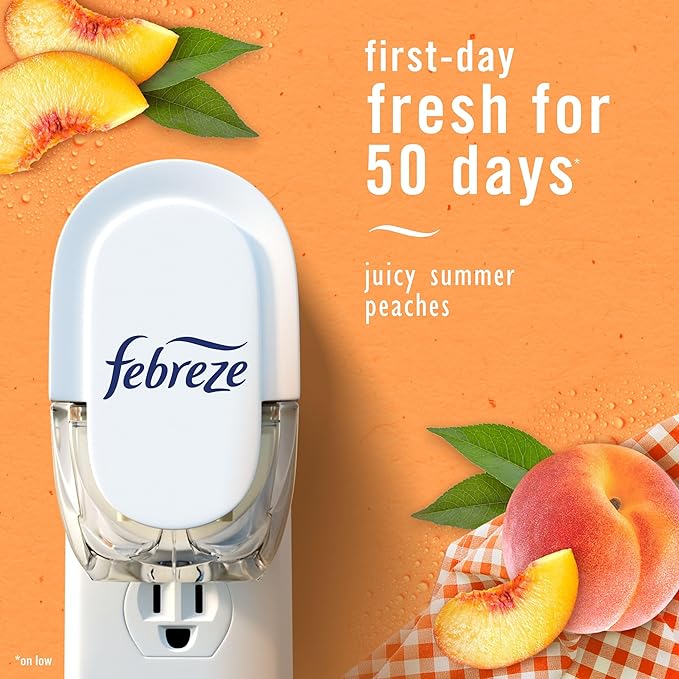 Febreze Plug In Air Freshener, Odor-Fighting Scented Oil Refill, Air Fresheners for Home and Bathroom and Kitchen, Long Lasting for Strong Odors, Lilac and Peach Scent, 0.87oz Refills, 4 Count