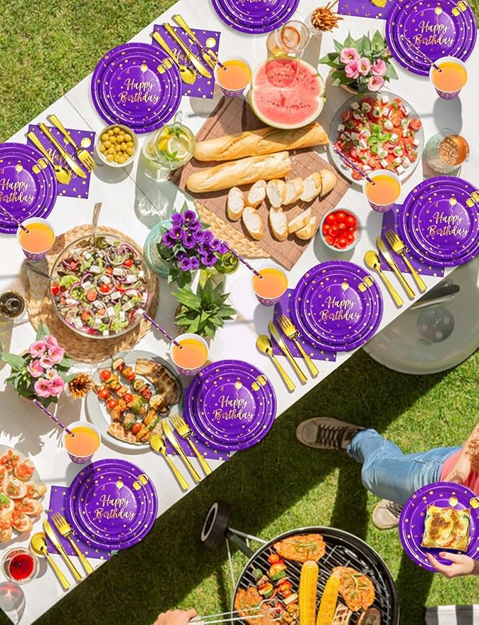 Nkaiso Birthday Party Tableware, 161 Pieces Purple Gold Party Supplies, Dinnerware Sets Include Paper Plates Napkins Cups Silverware, for Shower Engagement Parties Decoration -20 Serves