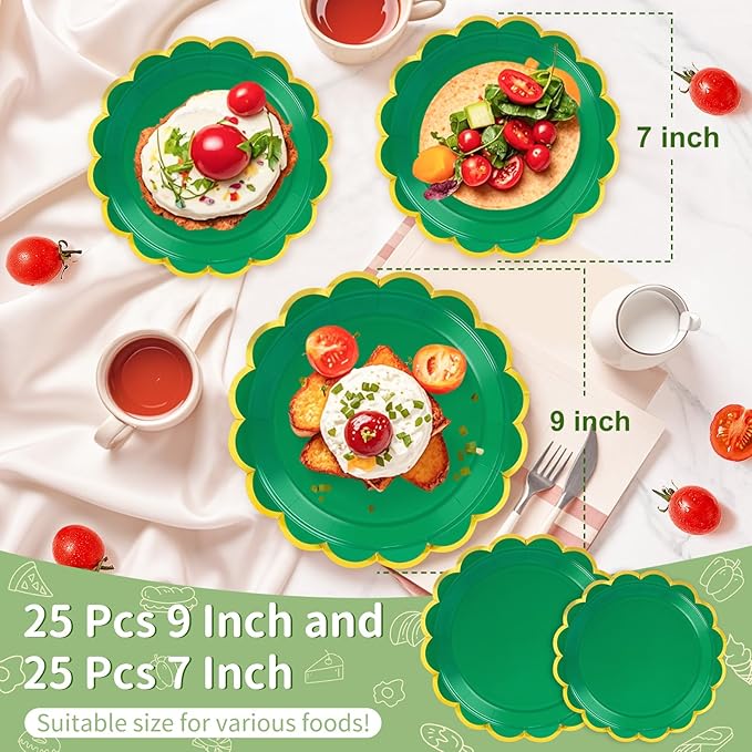 50 Pcs Green Paper Plates, 25 Pcs 9" and 25 Pcs 7" Disposable Green Scalloped Plates with Gold Foil for Graduation Wedding Christmas Baby Shower Birthday Party Picnic BBQ