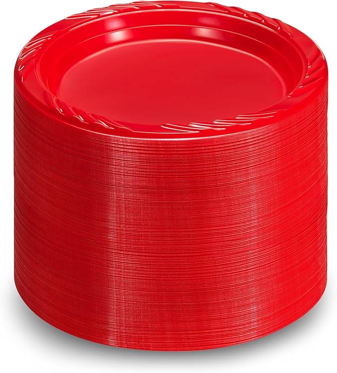 Munfix 100 Red Plastic Plates Set - 9 Inch Disposable Dinner Plates Bulk Pack, for Party, BBQ, Picnic, Parties, Travel and Events, Microwavable Recyclable