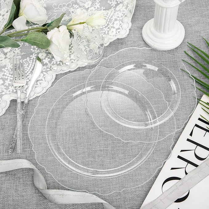 Liacere 150PCS Clear Silver Plastic Plates & Disposable Silver Plastic Silverware with Glitter Bamboo Handle Cutlery-Baroque Clear Disposable Plates for Wedding & Easter day & Mother's Day