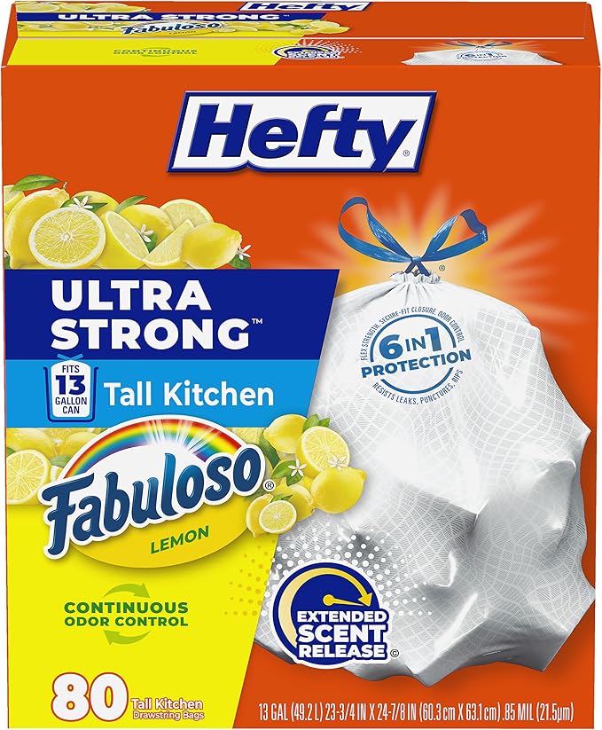 Hefty Ultra Strong 13 Gallon Trash Bags, Tall Kitchen Trash Bags 13 Gallon Size, Resist Leaks, Punctures, and Rips, Continuous Odor Control, White, Fabuloso Lemon Scent, 80 Bags