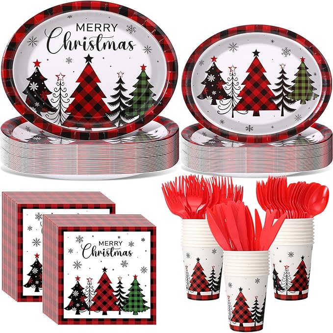 Havawish 175 Pcs Christmas Party Supplies Christmas Tree Disposable Tableware Set Red Black Buffalo Plaids Oval Paper Plates Cups Napkins Fork Knife Spoon for Xmas Holiday Party Table Decorations