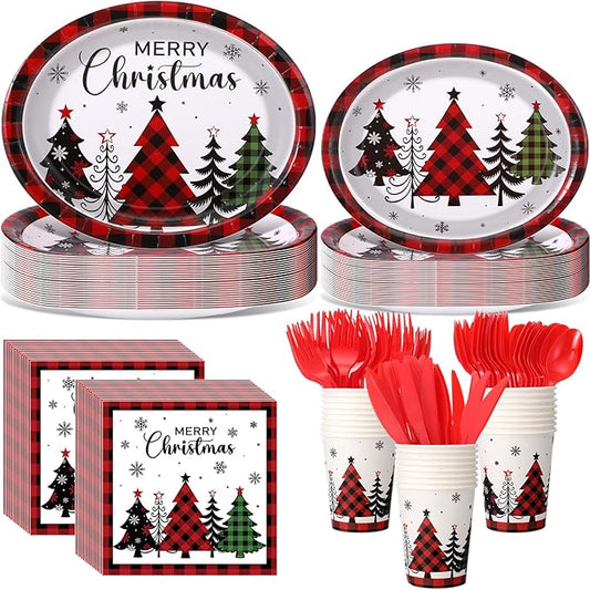 Havawish 175 Pcs Christmas Party Supplies Christmas Tree Disposable Tableware Set Red Black Buffalo Plaids Oval Paper Plates Cups Napkins Fork Knife Spoon for Xmas Holiday Party Table Decorations