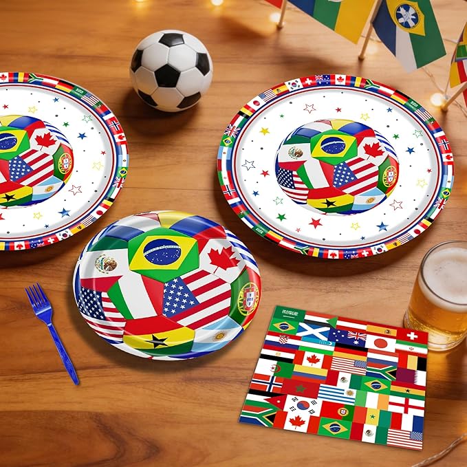 96 Pieces International World Flags Plates and Napkins Tableware Set, Soccer World Flags Disposable Paper Plates Napkins Forks for Soccer Party Supplies Sports Theme Events Birthday Decor - Serves 24