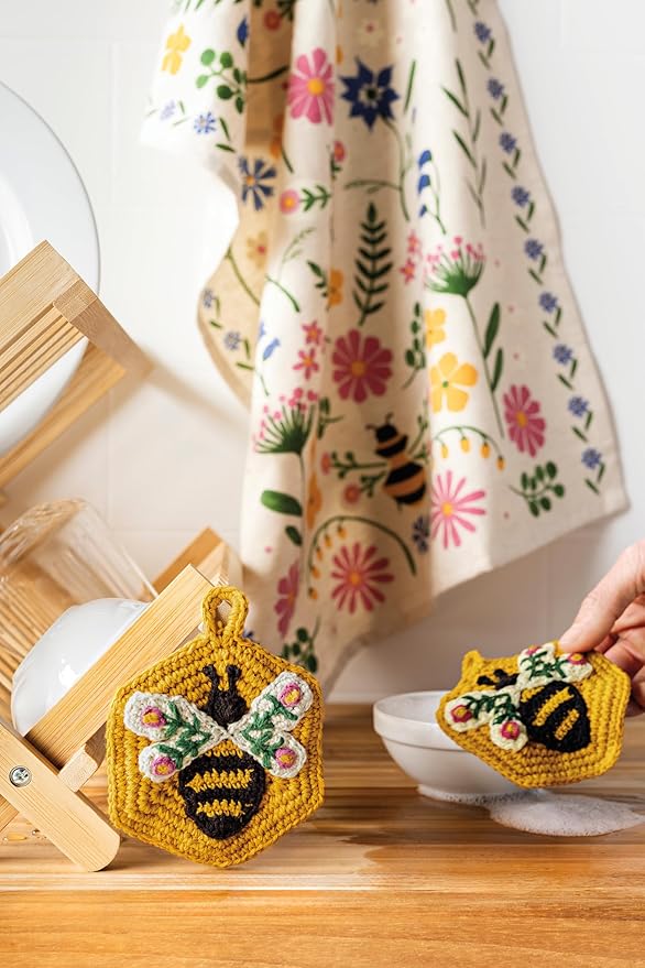 Now Designs Bee Garden Crochet Sponges Set of 2, Hand-Crocheted 100% Cotton, W4 x L4in, Artisanal Kitchen Scrubbing Sponges