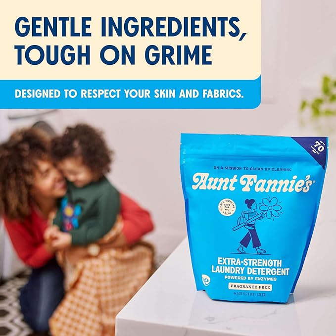 Aunt Fannie's Extra Strength Powder Laundry Detergent, Stain Fighting, Plant Based, Natural Ingredients, 70 Loads Per Bag, Fragrance Free, 44 Oz