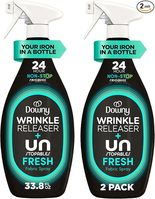 Downy Wrinkle Releaser Spray, All In One Wrinkle Release Spray, Odor Eliminator, Static Remover, Fabric Refresher & Ironing Aid for Clothes, 33.8 Fl Oz (Pack of 2), Unstopables Fresh Scent