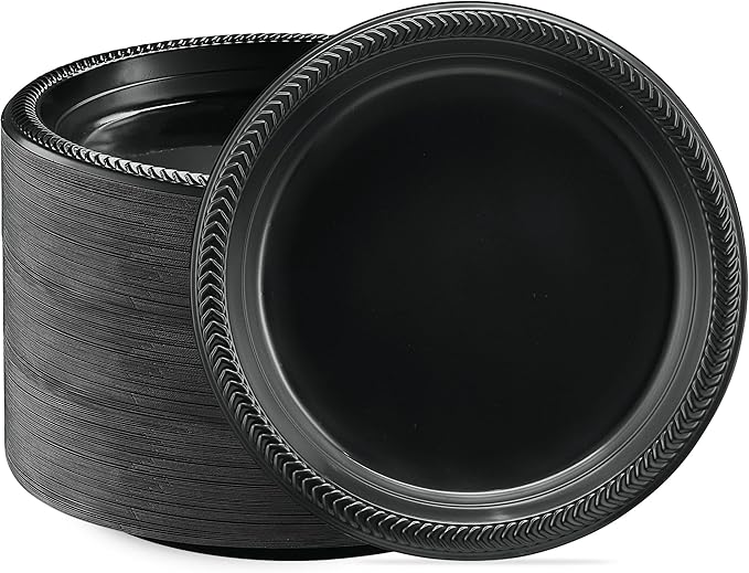 PLASTICPRO 400 PCS Black Plastic Plates Light Weight 9 Inch Plastic Dinner Plate Black Plates Disposable for Party and Wedding