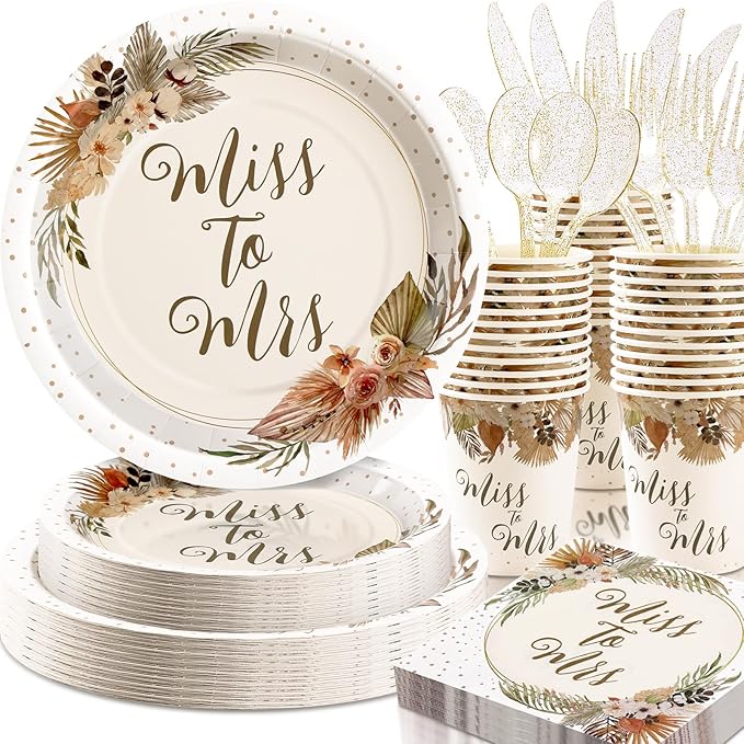 Boho Bridal Shower Decorations, 168Pcs Bridal Shower Plates and Napkins Sets Serve 24, Miss to Mrs, Love is In Bloom, Love is Brewing, Bride To Be, Bachelorette, Fall in Love Wedding Shower