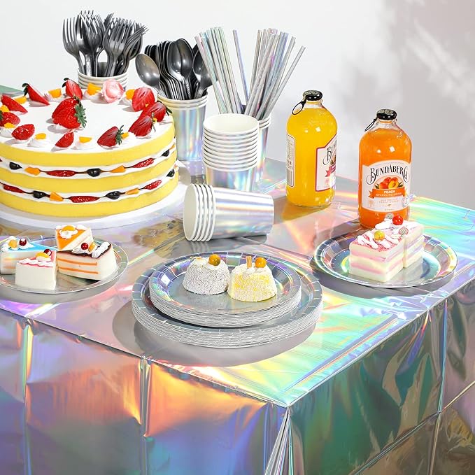 Iridescent Party Supplies Decorations, Holographic Paper Plates and Napkins Set, Disposable Iridescent Paper Plates Cups Knives Spoons Fork Straw for Mermaid Birthday Wedding Party, Serve 50